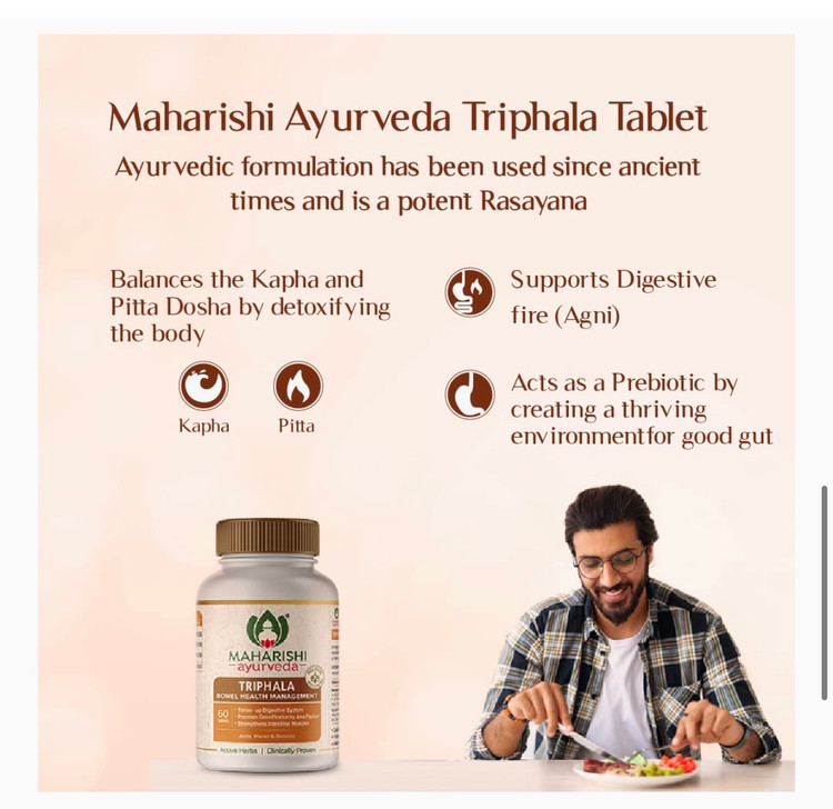 مکمل آیورودایی بر پایه ترکیب سه میوه گیاهی آملا (Amla)، هاریتاکی (Haritaki) و بیبهیتاکی (Bibhitaki).۶۰ عددی
