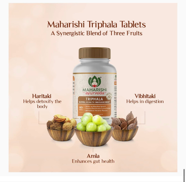 مکمل آیورودایی بر پایه ترکیب سه میوه گیاهی آملا (Amla)، هاریتاکی (Haritaki) و بیبهیتاکی (Bibhitaki).۶۰ عددی